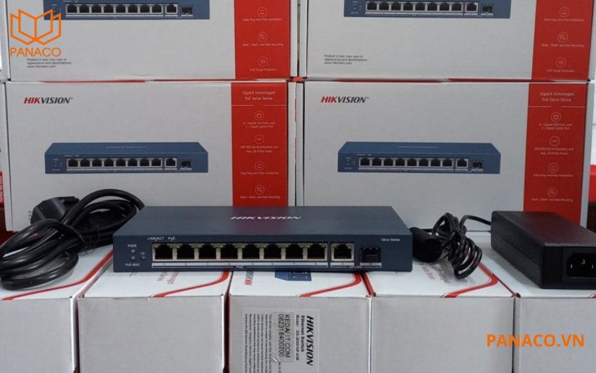 Box đầy đủ switch POE hikvision 8 cổng Gigabit 1000Mbps DS-3E0510P-E/M