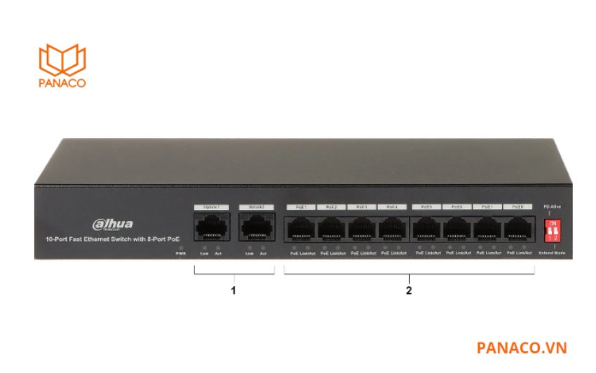Switch trang bị 8 cổng PoE và 2 cổng uplink