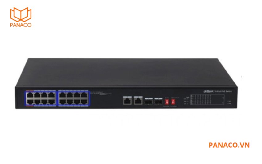 Switch DH-PFS3218-16ET-135 gồm 16 cổng RJ45 và 2 cổng uplink