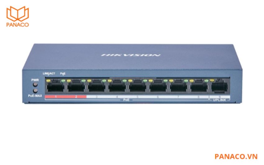 DS-3E0109P-E/M(B) thiết kế 8 cổng PoE và 1 cổng uplink giúp kết nối đồng thời nhiều thiết bị hoặc điểm phát Wi-Fi mà không gặp giới hạn về số lượng kết nối