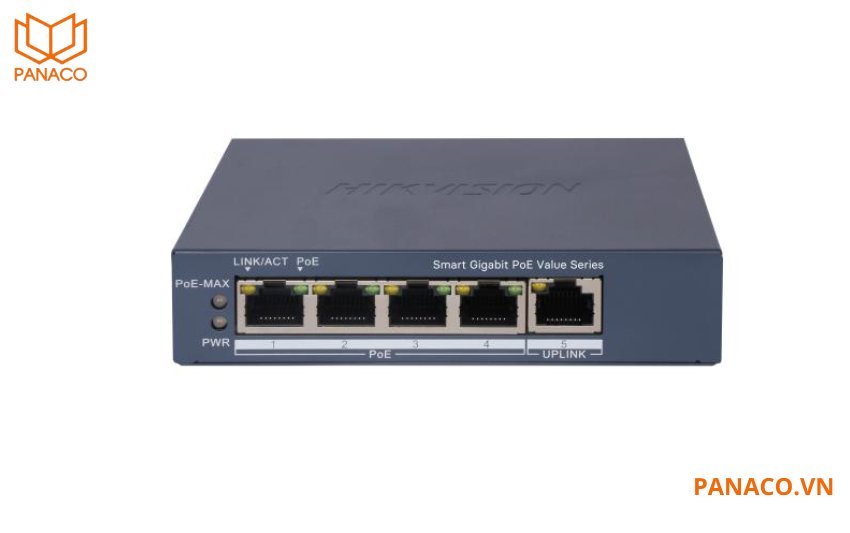 DS-3E1505P-EI/M có 4 cổng PoE RJ45 và 1 cổng uplink RJ45. Đảm bảo truyền tải dữ liệu nhanh chóng và ổn định