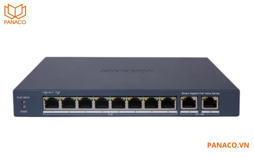 DS-3E1510P-EI/M thiết kế 8 cổng PoE RJ45 Gigabit và 2 cổng uplink RJ45 Gigabit.