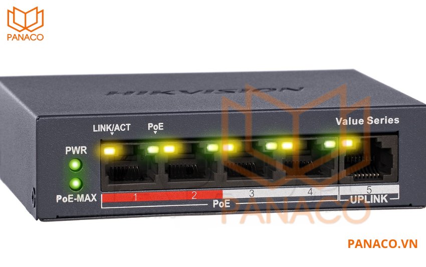 Đèn LED hiển thị trên DS-3E0505P-E/M để kiểm tra trạng thái hoạt động của từng cổng, phát hiện sự cố nhanh chóng