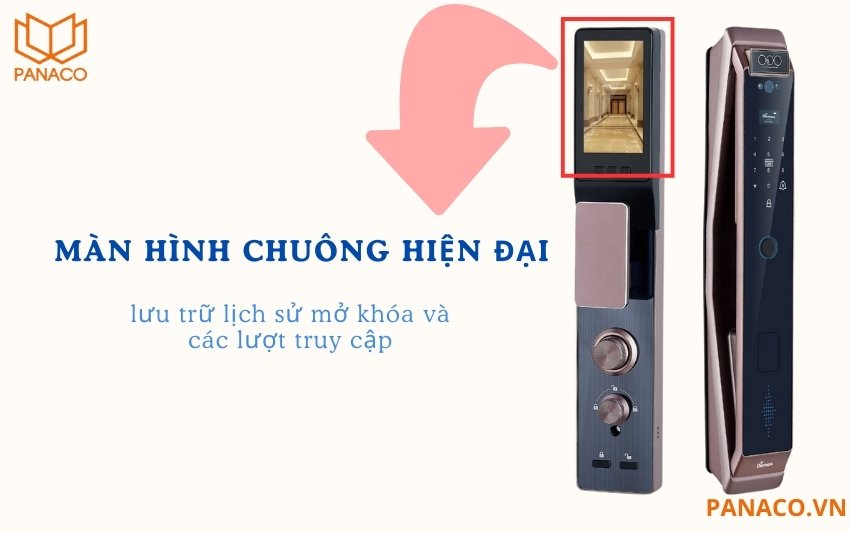 Màn hình chuông HD sắc nét của Demax EL966 BROWN CNC. Mỗi lần có người bấm chuông, hệ thống sẽ ghi lại hình ảnh