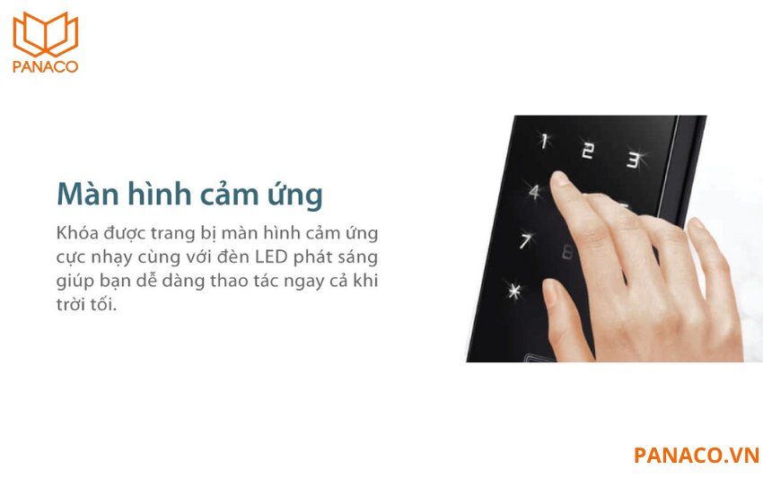 Màn hình cảm ứng siêu nhạy cùng đèn LED chiếu sáng tinh tế quanh thân khóa