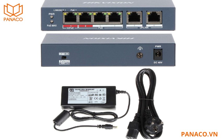Full box switch Hi-POE hikvision 4 Port 2 cổng Uplink DS-3E0106HP-E