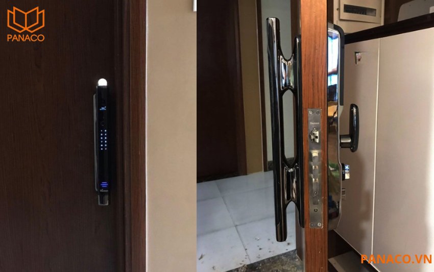 Panaco lắp đặt khóa điện tử Demax SL868 GS trên cửa gỗ cho khách hàng