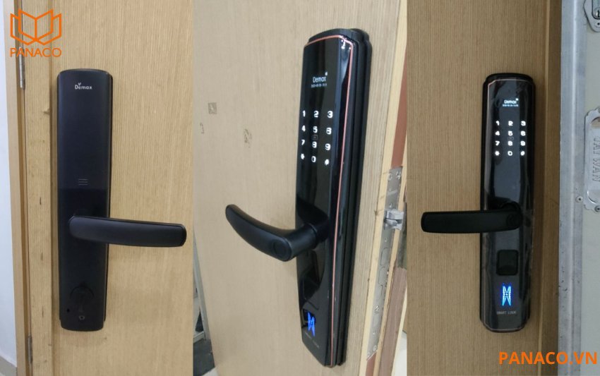 Khóa cửa điện tử Demax EL666 BN màu đen được lắp đặt trên cửa gỗ