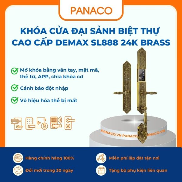 Khóa cửa đại sảnh biệt thự cao cấp Demax SL888 24K BRASS