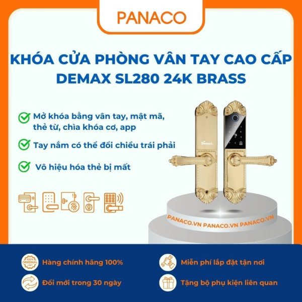Khóa cửa phòng vân tay cao cấp Demax SL280 24K BRASS