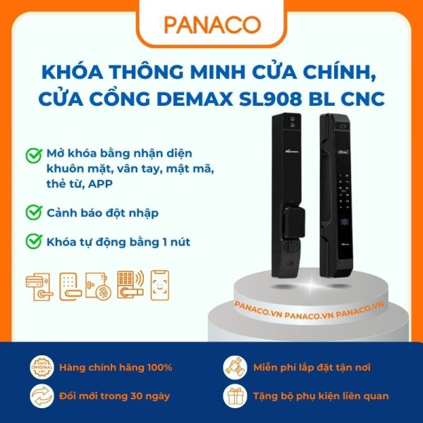 Khóa thông minh cửa chính, cửa cổng Demax SL908 BL CNC