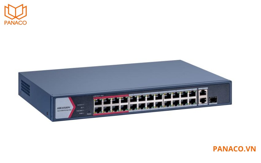 Switch DS-3E1326P-EI/M được trang bị 24 cổng PoE RJ45 tốc độ 100Mbps