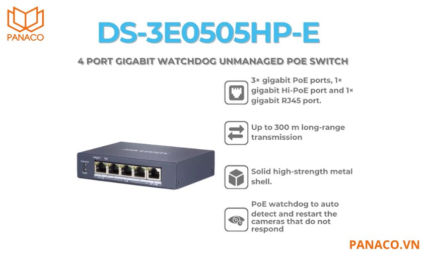 Switch Hi-POE hikvision 4 cổng Gigabit 1000Mbps DS-3E0505HP-E