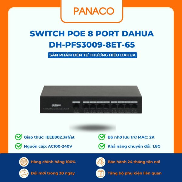 Switch POE 8 Port DAHUA DH-PFS3009-8ET-65