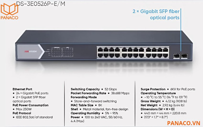 Switch POE hikvision 24 cổng Gigabit 1000Mbps DS-3E0526P-E/M