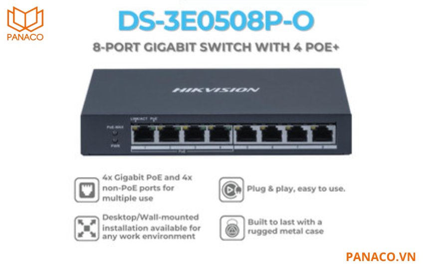 Switch POE hikvision 4 cổng Gigabit 1000Mbps DS-3E0508P-O