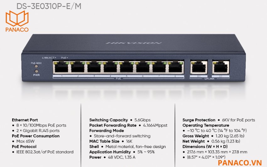 Switch POE hikvision 8 Port 2 cổng Uplink DS-3E0310P-E/M