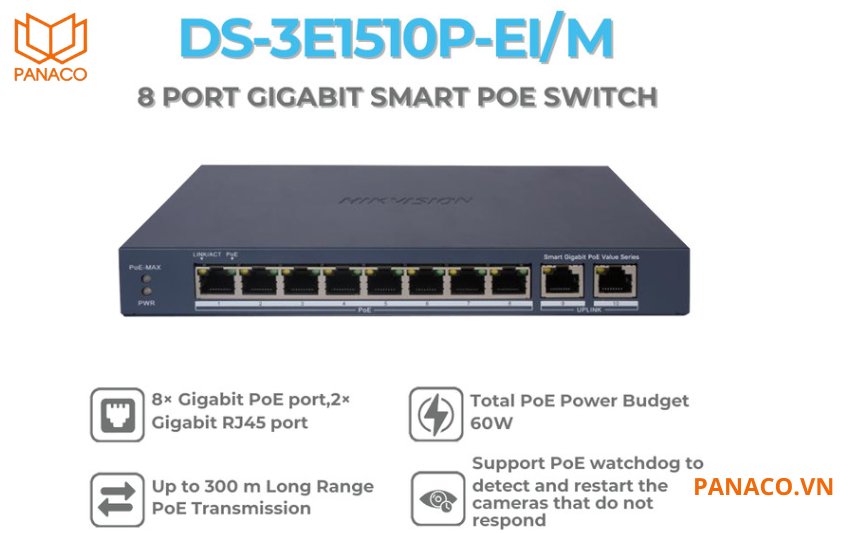 Switch POE hikvision 8 cổng Gigabit 1000Mbps DS-3E1510P-EI/M