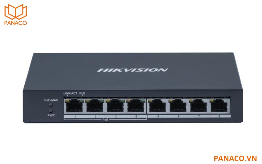DS-3E0508P-O hỗ trợ 4 cổng PoE và 4 cổng RJ45 giúp cấp nguồn trực tiếp cho các thiết bị thông qua cáp mạng mà không cần dùng đến adapter hoặc nguồn điện rời