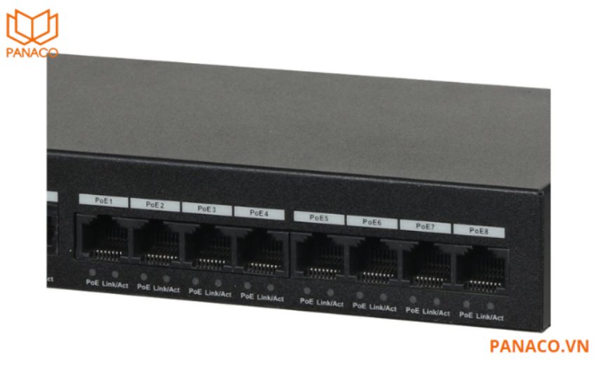 Switch DH-PFS3009-8ET-65 được trang bị 8 cổng PoE tốc độ 10/100 Mbps