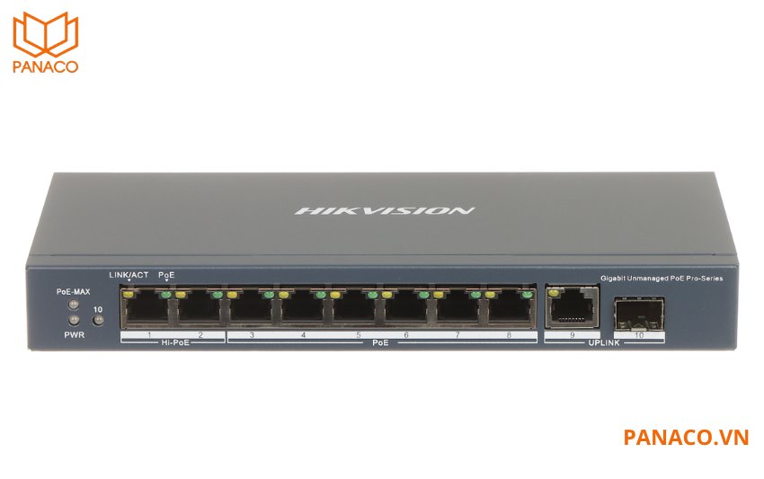DS-3E0510HP-E tổng cộng 6 cổng PoE Gigabit, 2 cổng Hi-PoE Gigabit, 1 cổng RJ45 Gigabit và 1 cổng quang Gigabit