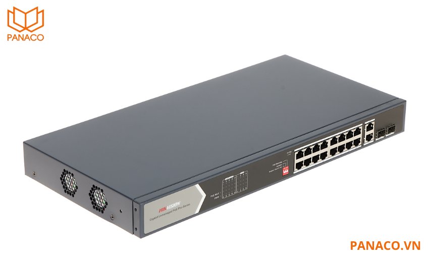DS-3E0520HP-E trang bị tổng cộng 16 cổng PoE Gigabit, 2 cổng Hi-PoE Gigabit, 2 cổng RJ45 Gigabit