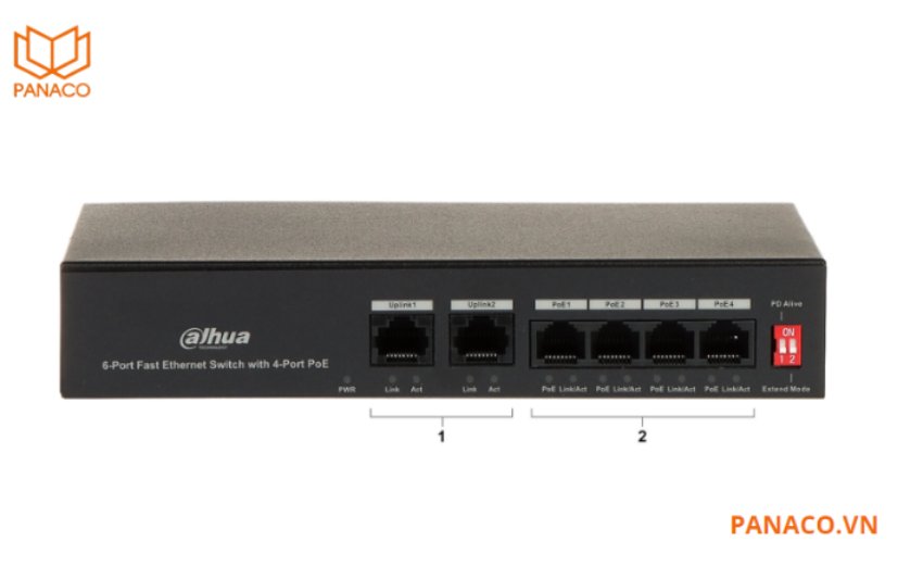 Switch PoE Dahua DH-PFS3006-4ET-36 trang bị 4 cổng PoE và 2 cổng uplink