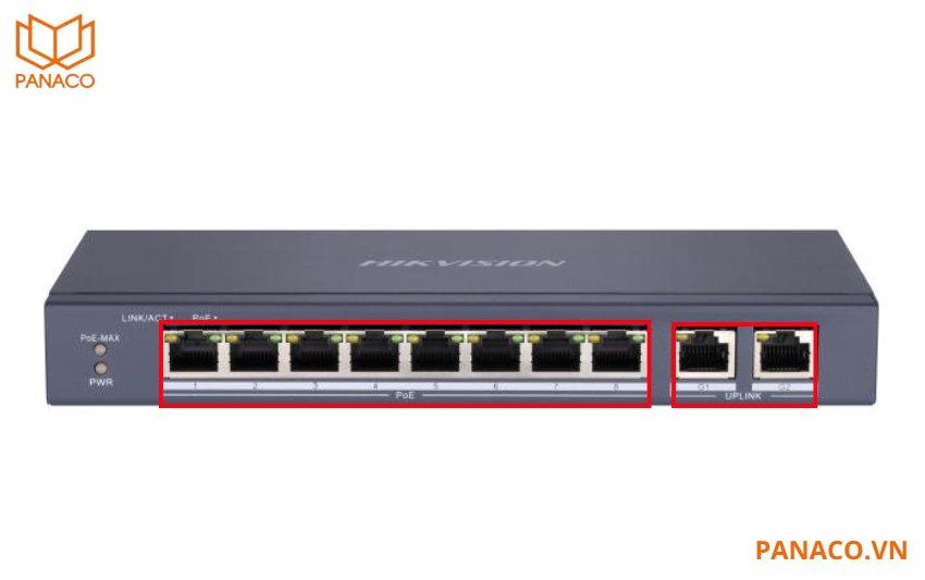 DS-3E0310P-E/M  thiết kế  8 cổng PoE cho phép kết nối đồng thời đến 8 camera IP hoặc các thiết bị hỗ trợ PoE khác mà không cần sử dụng thêm bộ cấp nguồn riêng