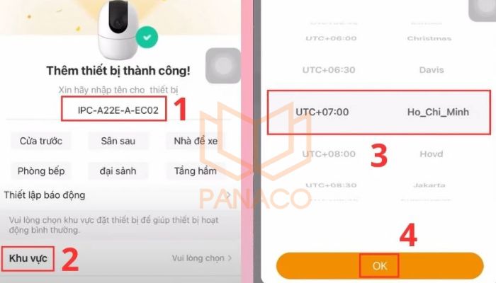 Tùy chọn cài đặt lại ngày giờ, khu vực sau khi kết nối camera thành công