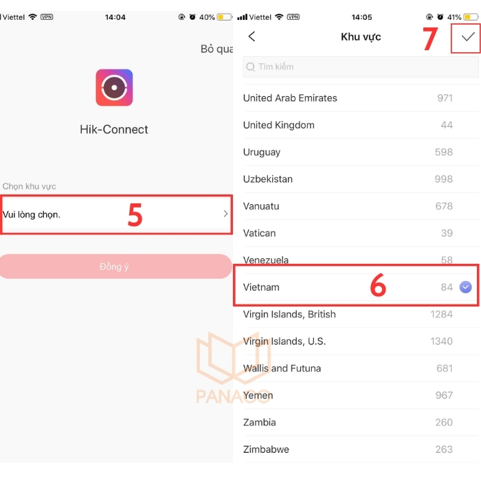 Chọn mã vùng Vietnam trong app
