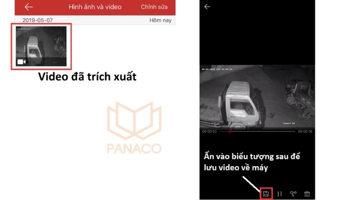 nhấn vào đoạn video vừa ghi để xem lại và bấm biểu tượng tệp tin để tải dữ liệu về điện thoại.