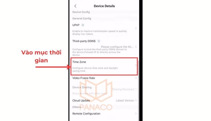 Điều chỉnh thời gian bằng cách chọn "Time Zone"