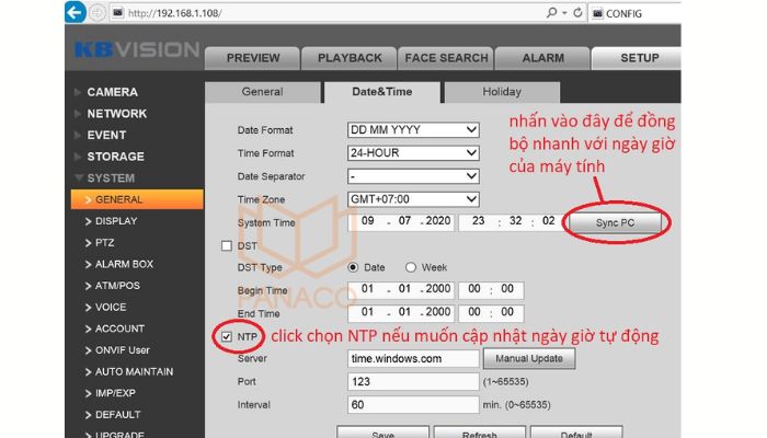 Chỉnh giờ camera KBVision dễ dàng qua địa chỉ IP của đầu ghi