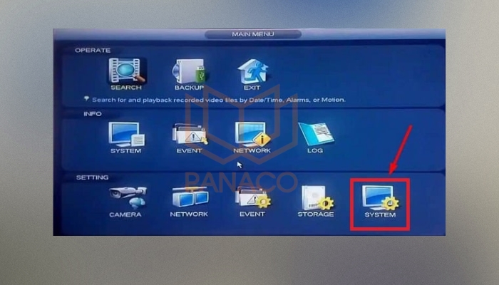 Chọn mục “SYSTEM” từ menu cài đặt để truy cập các tùy chọn hệ thống