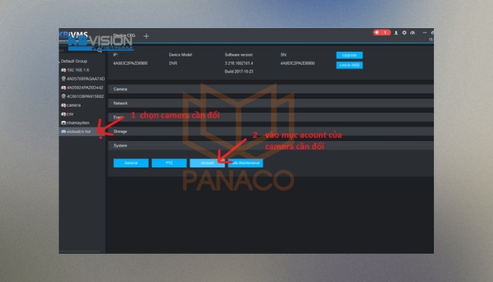 Vào mục “System” trong camera KBVision, chọn “Account” để thay đổi mật khẩu