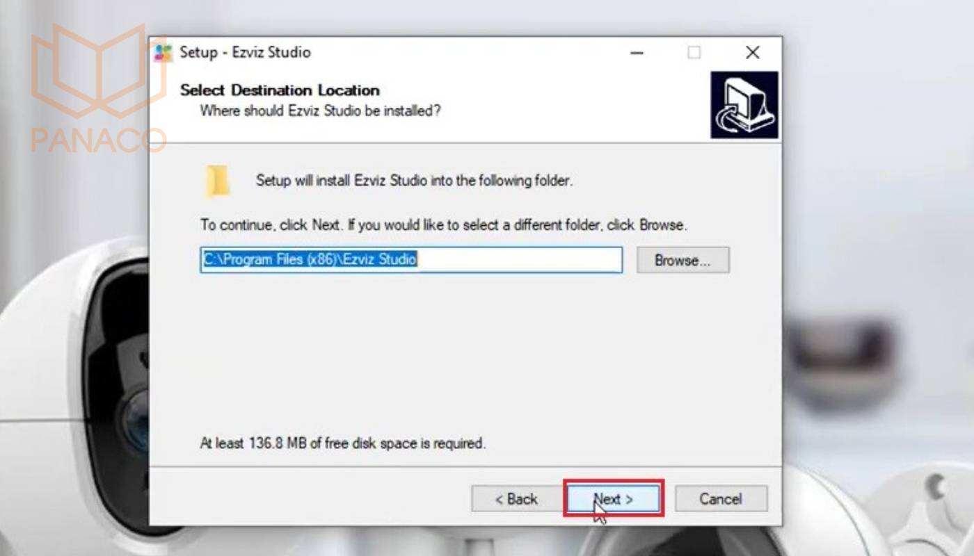 Bước 2: Chọn nơi lưu file Ezviz Studio là ổ đĩa C, tiếp tục nhất Next