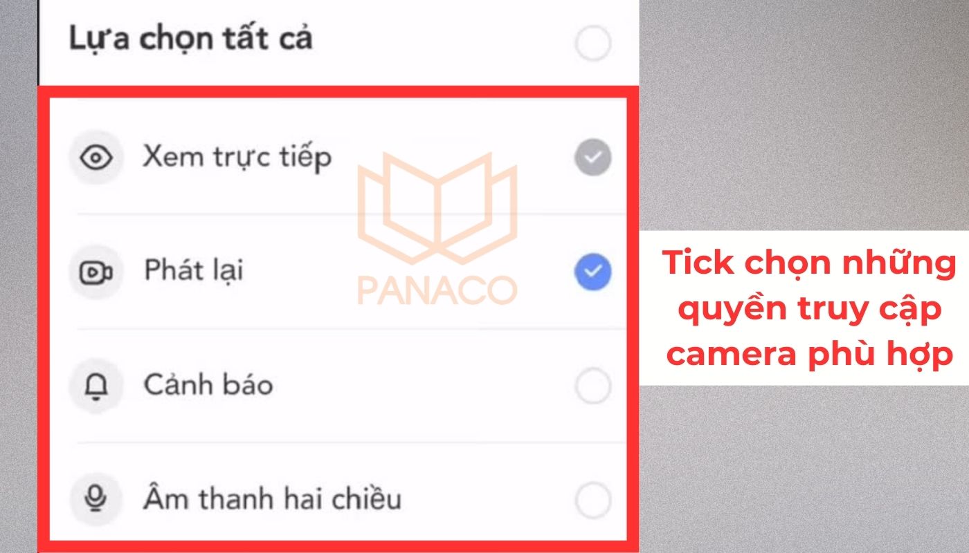 Bước 4 của cách chia sẻ camera Ezviz: Tick chọn những tính năng giám sát camera Ezviz cần chia sẻ