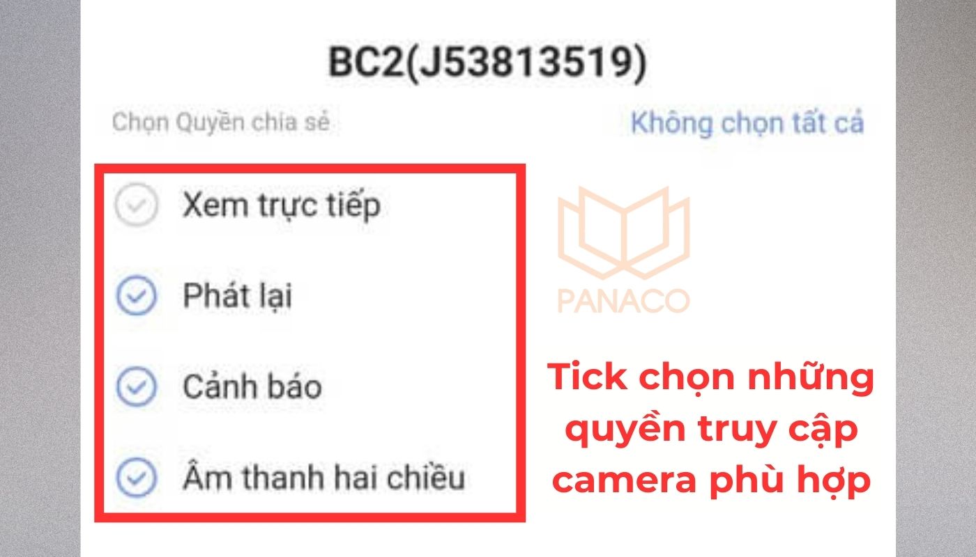 Bước 6 của cách chia sẻ camera Ezviz: Tick chọn những tính năng giám sát camera Ezviz cần chia sẻ