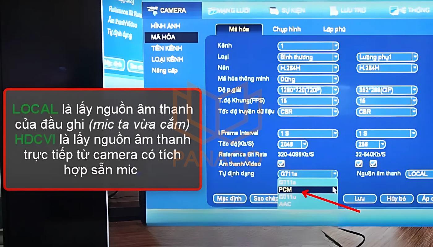 Chọn 'PCM" trong mục "Tự định dạng" để hoàn tất cấu hình âm thanh mic camera Dahua