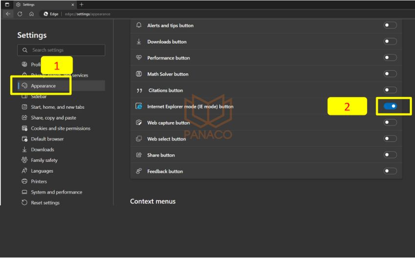 Bật On phần Internet Explorer mode button để dễ dàng xem camera trên trình duyệt Edge Bật On phần Internet Explorer mode button để dễ dàng xem camera trên trình duyệt Edge