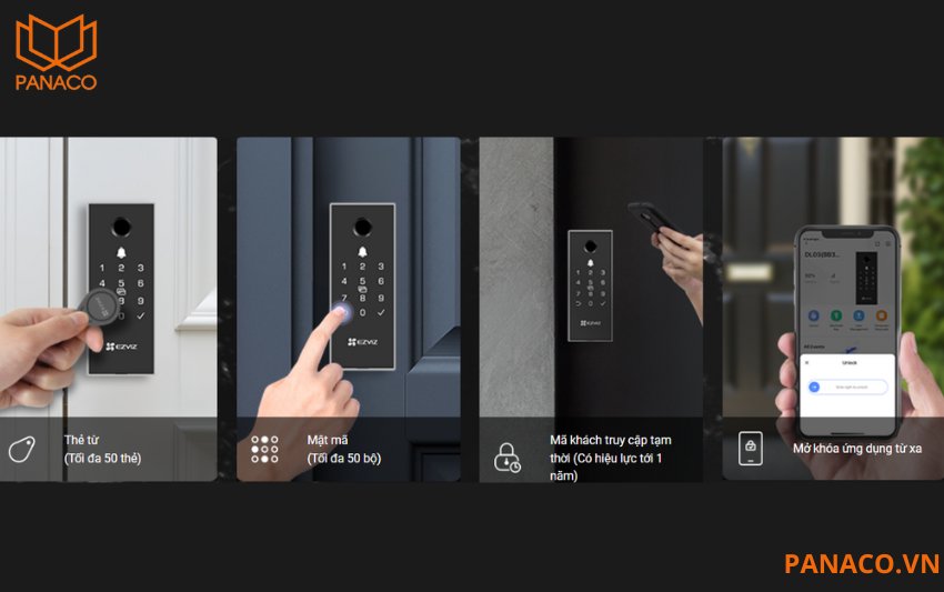 Khóa CS-DL03 PRO được thiết kế thông minh để có thể mở bằng nhiều cách khác nhau như vân tay, nhập mật mã, quét thẻ cảm ứng, hoặc thậm chí mở từ xa qua ứng dụng EZVIZ trên điện thoại