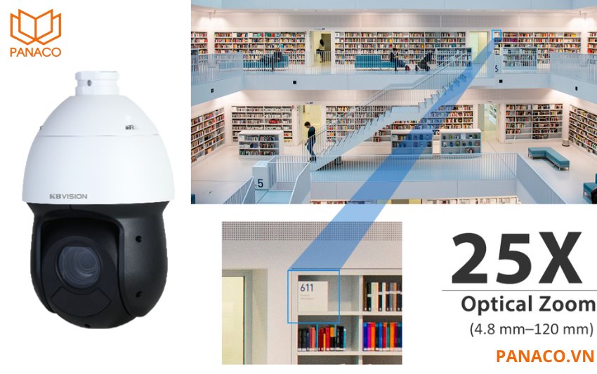 KX-CAi2258eGPN trang bị ống kính zoom quang học 25X với dải tiêu cự trải rộng từ 4.8mm đến 120mm