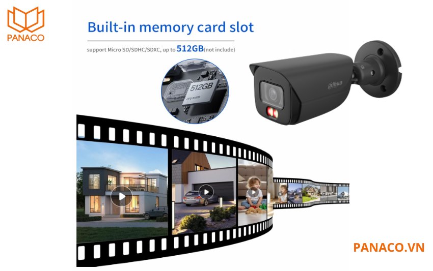 DH-IPC-HFW3849E-AS-IL hỗ trợ khe cắm thẻ nhớ MicroSD lên đến 512GB, cho phép lưu trữ trực tiếp tại thiết bị mà không cần kết nối đầu ghi.