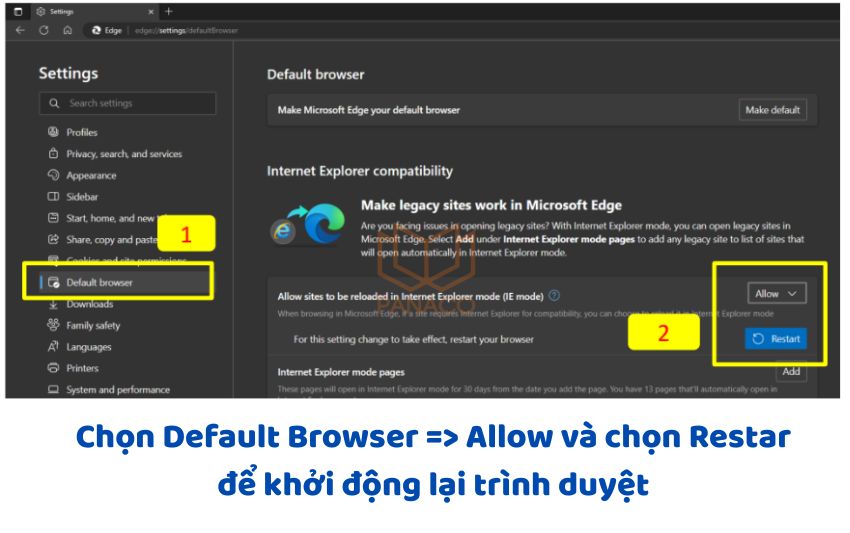 Cách xem camera trên trình duyệt Edge bước 2 - Chọn Default Browser, nhấn Allow và chọn Restart