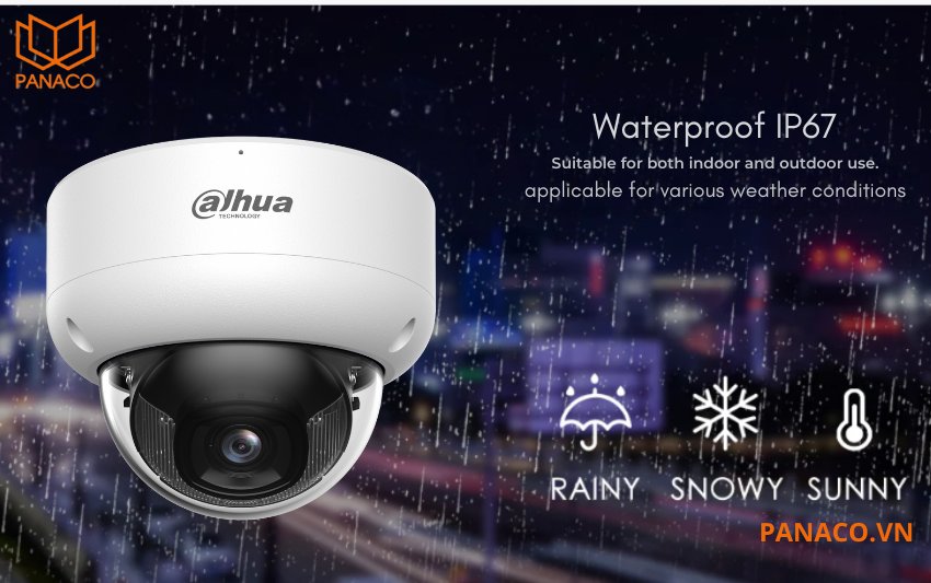 DH-IPC-HDBW3249E-AS-IL có thể lắp đặt trong nhà và ngoài trời nhờ tiêu chuẩn bảo vệ chống bụi nước IP67 và chống va đập IK10