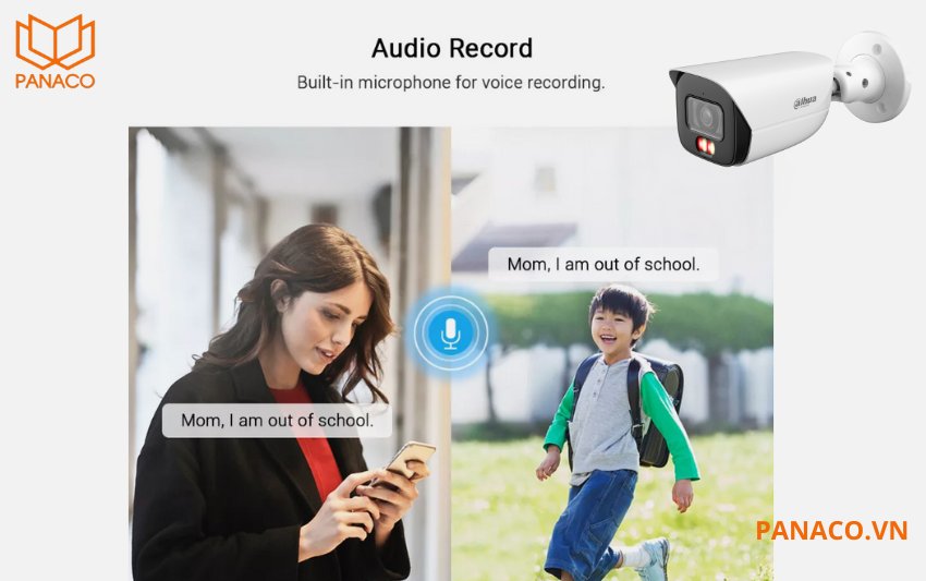DH-IPC-HDBW3449EP-AS-IL tích hợp micro và cổng âm thanh hai chiều (1 in, 1 out), bạn có thể ghi âm lại sự kiện hoặc thậm chí là đàm thoại trực tiếp thông qua ứng dụng