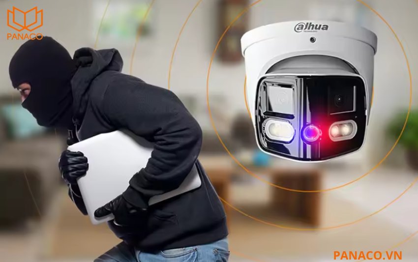 DH-IPC-PDW3849-A180-AS-PV cảnh báo khi có xâm nhập bằng còi hú to rõ và đèn chớp xanh đỏ