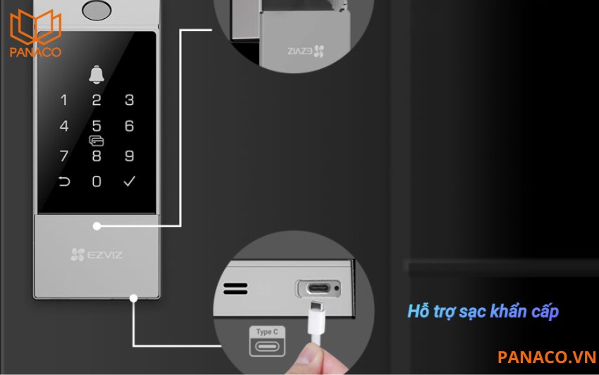 Khóa Ezviz DL04 Pro dùng 4 viên pin AA loại thông dụng và bên dưới khóa có cổng sạc khẩn bằng micro USB