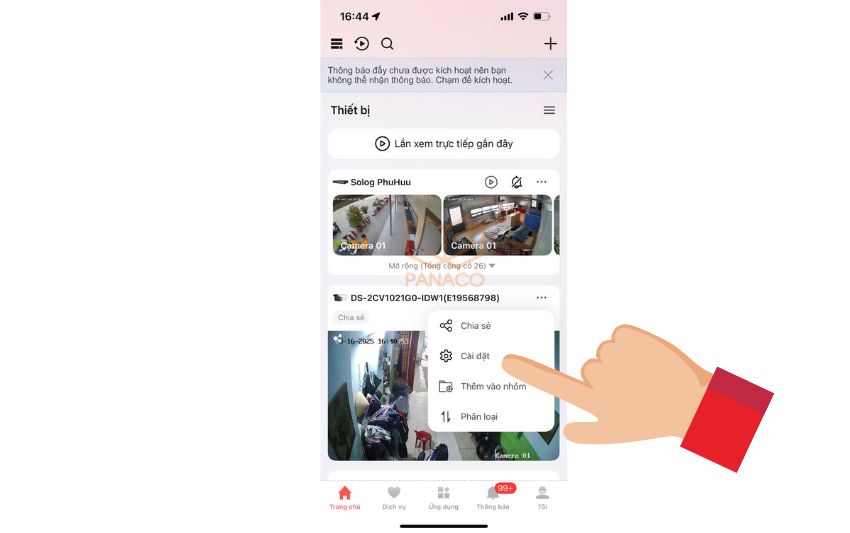 Bước 3 của cách lấy mã xác thực camera Hikvision qua phần mềm: Vào dấu 3 chấm chọn cài đặt