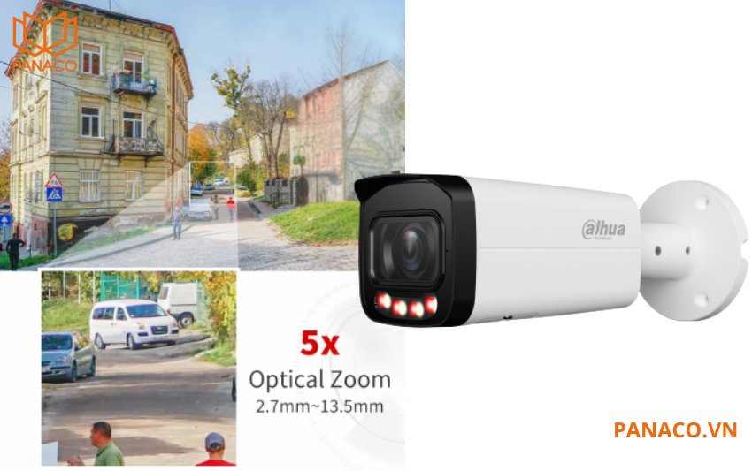DH-IPC-HFW3649TP-ZAS-IL sử dụng ống kính motorized vari-focal có khả năng zoom quang học 5X, với tiêu cự điều chỉnh từ 2.7mm đến 13.5mm.